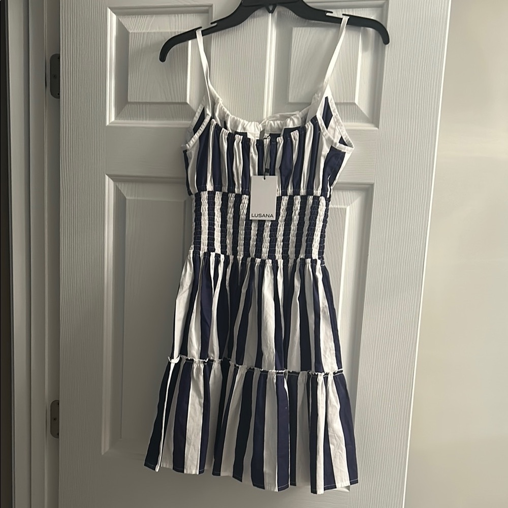 Lusana Navy and White Striped Mini Dress - Picture 2 of 5